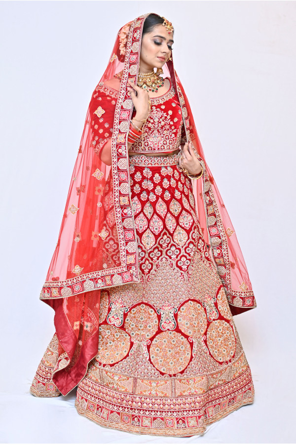 Red Gold Bridal Lehenga on Rent